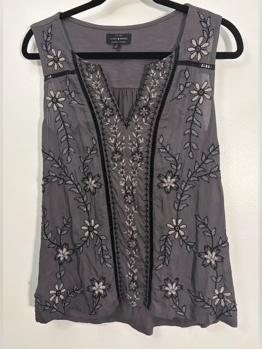Lucky Brand Embroidered and Beaded Slate Gray V-Neck Tank Top